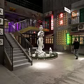 Vintage Commercial Street With Wangping Overpass Statue Neon Signs Staircase And Building Windows