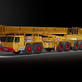 Yellow Potain Heavy Duty Crane With Extended Boom And Multiple Red Wheels