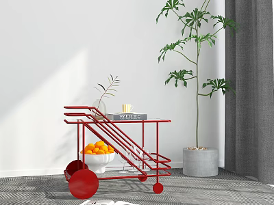 Red Modern Side Table With Wheels Holding Oranges Books And Green Plant 3d model