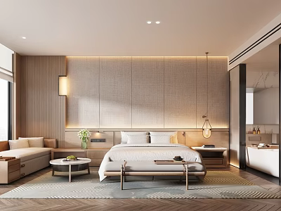 Modern Hotel Guest Room Interior With Wooden Wall Lighting Sofa And Bathtub 3d model