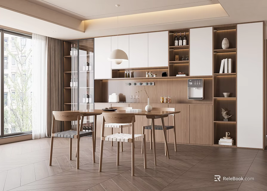 Modern Restaurant Interior Design With Open Layout Dining Table And Wooden Chairs 3d model