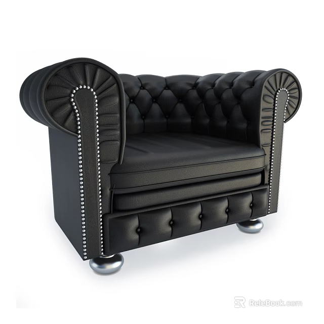 Classic Black Leather Single Sofa With Tufted Design And Nailhead Trim Armrests Metal Legs 3d model 