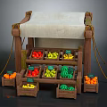 Fresh Fruits and Vegetables Displayed at Wooden Market Stall with Price Signs and Crates