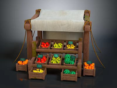 Fresh Fruits and Vegetables Displayed at Wooden Market Stall with Price Signs and Crates 3d model