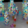 Vibrant Art Installation With Colorful Circular Elements Illuminated Towering Structures And Striped Sculptures 3d model