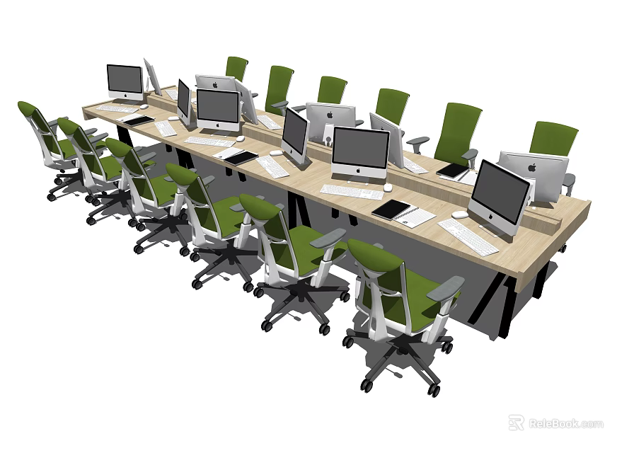 Long Office Desk Setup With Multiple Computers And Green White Chairs 3d model 