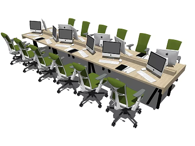 Long Office Desk Setup With Multiple Computers And Green White Chairs 3d model