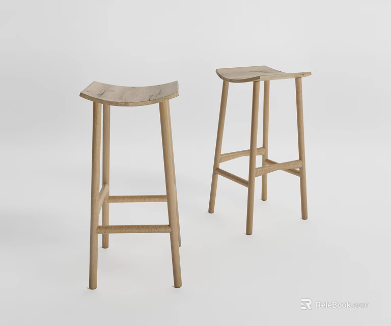 Wooden Bar Stools With Simple Modern Design And Curved Seat For Kitchen Island 3d model 