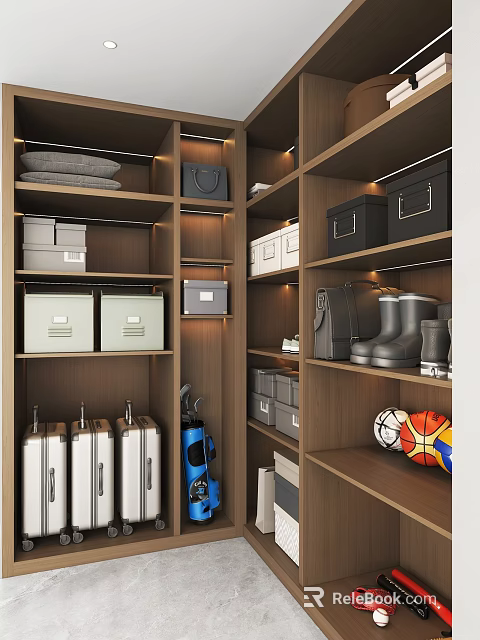 Modern Wooden Locker With Layered Storage For Boxes Shoes And Sports Balls 3d model 