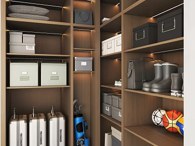 Modern Wooden Locker With Layered Storage For Boxes Shoes And Sports Balls 3d model