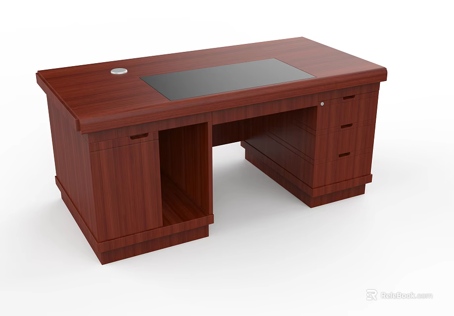 Dark Brown Wooden Office Desk Featuring Black Desk Pad And Storage Drawers 3d model 