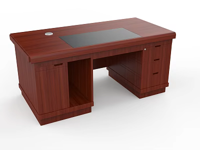 Dark Brown Wooden Office Desk Featuring Black Desk Pad And Storage Drawers 3d model