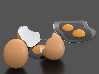 Fresh Whole Eggs With Broken Shells And Fried Eggs In Frying Pan 3d model