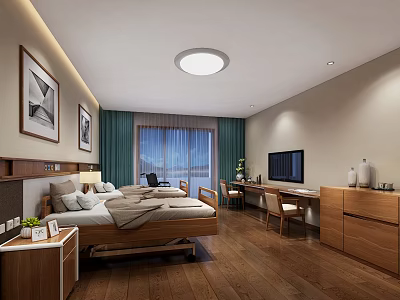 Comfortable Hospital Ward Interior With Bed Nightstand TV Desk Chair And Wooden Floor 3d model