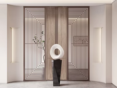 Modern Geometric Room Divider With Wooden Metal Design In Interior Featuring White Sculpture And Plant 3d model