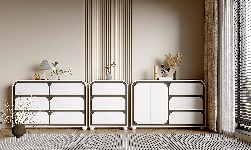 Modern Entryway And Side Cabinet Design With Drawers Vase And Table Lamp 3d model 