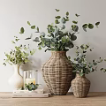 Decorative Ornament Set With Wicker Vases Eucalyptus Leaves White Vases Berry Branches And Candle