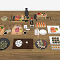 Assorted Japanese Sushi Sashimi on Cutting Boards with Soy Sauce Wasabi Ginger and Chopsticks