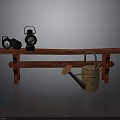 Red Wooden Bench With Two Black Oil Lamps And Brown Watering Can
