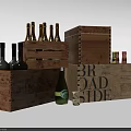 Vintage Wooden Crates Holding Assorted Wine Bottles With Labeled Designs Small Bottles And Dice