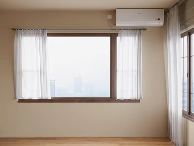 Room With Window White Curtains City View Air Conditioner And Wooden Floor 3d model