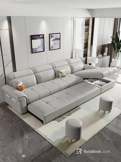 Gray L Shaped Sofa Living Room With Cushions Stools And Wall Paintings 3d model 