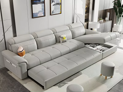 Gray L Shaped Sofa Living Room With Cushions Stools And Wall Paintings 3d model