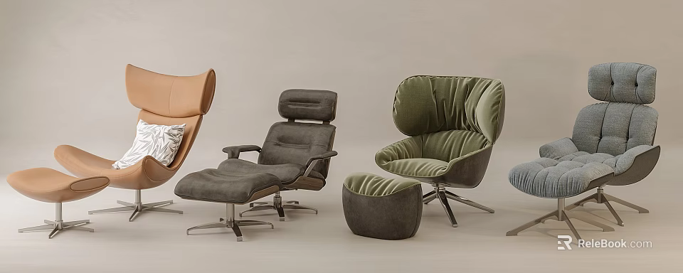 Modern Recliner Chairs in Green Brown Gray with Comfortable Footstools Design 3d model 