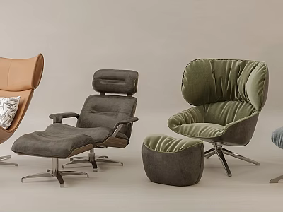 Modern Recliner Chairs in Green Brown Gray with Comfortable Footstools Design 3d model