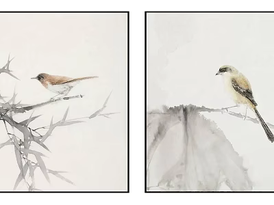 Traditional Chinese Ink Paintings With Birds Perched On Bamboo And Mountain Rocks 3d model