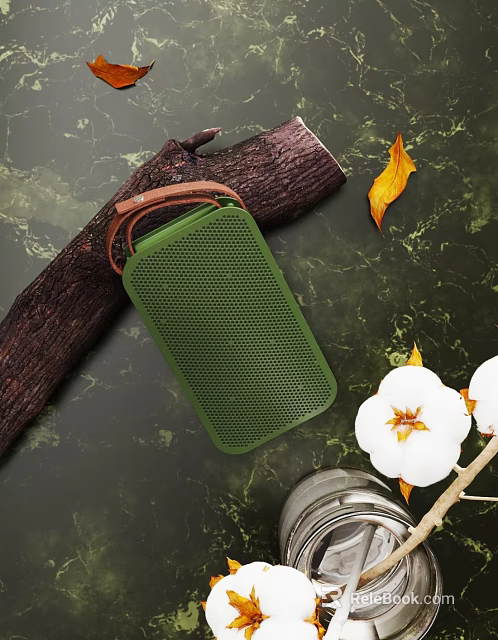 Green Speaker Decorative Ornament Set With Log Wood Dried Leaf White Flower And Marble Texture 3d model 