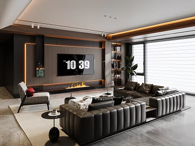Modern Living Room With Dark Leather Sofa Fireplace Floor to Ceiling Windows And Green Plant 3d model