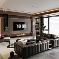 Modern Living Room With Dark Leather Sofa Fireplace Floor to Ceiling Windows And Green Plant