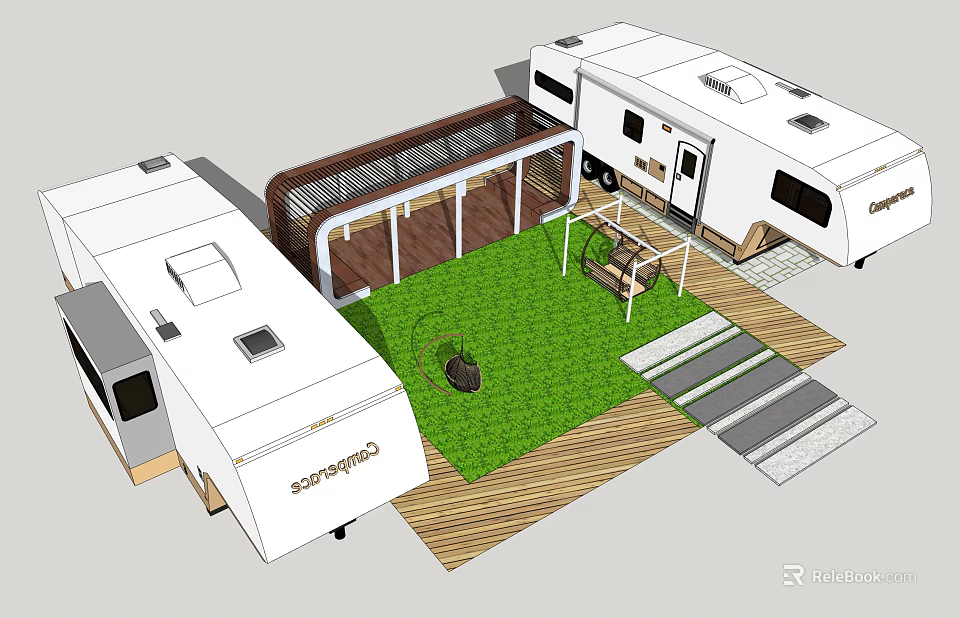 Outdoor RV Campsite With Two RVs Wooden Deck Grass Area And Swing Setup 3d model 