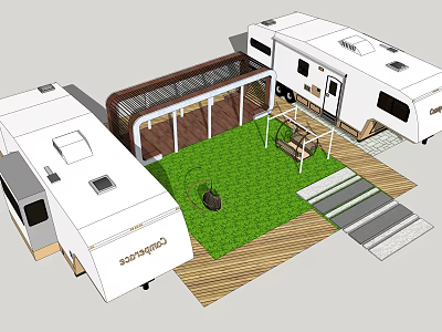 Outdoor RV Campsite With Two RVs Wooden Deck Grass Area And Swing Setup 3d model