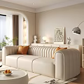 Modern Living Room With White Curved Sofa Orange Cushions TV Cabinet And Green Plant