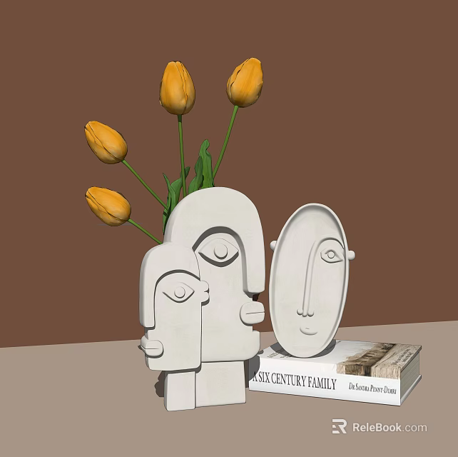Ornamental Decor Set With White Face Shaped Vase Yellow Tulips And Decorative Pieces 3d model 