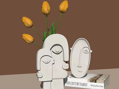 Ornamental Decor Set With White Face Shaped Vase Yellow Tulips And Decorative Pieces 3d model