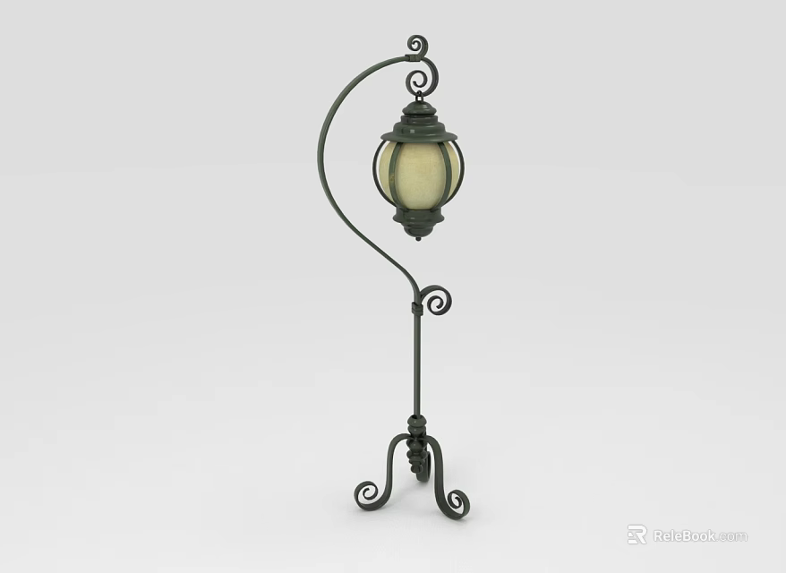 Classic Floor Lamp Furniture With Curled Metal Stand And Lantern Shaped Glass Shade 3d model 
