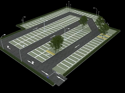 Organized Parking Lot Layout With Multiple Spaces Street Lamps And Trees 3d model