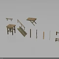 Wooden Scene Components Including Staircase Platform Railing Posts And Beams