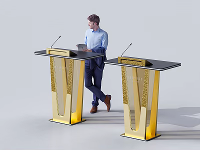 Modern Golden Podiums Design With Microphones And Man Using Tablet For Presentation 3d model