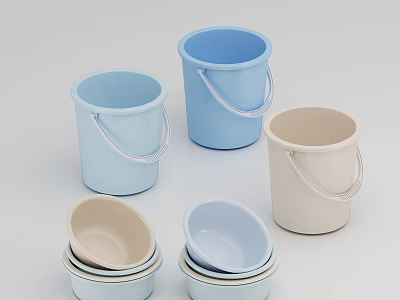 Colorful Bathroom Set With Blue Beige Buckets And Stacked Basins 3d model