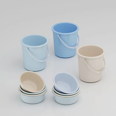 Colorful Bathroom Set With Blue Beige Buckets And Stacked Basins 3d model