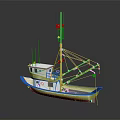 Green White Fishing Boat with Upper Cabin Masts Antennas and Red White Stripes