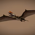 Flying Pterosaur With Large Wings Long Beak And Orange Head In Flight
