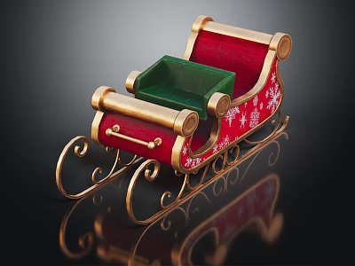 Festive Christmas Decorative Sleigh With Red Green Seats Golden Snowflake Patterns And Metal Frame 3d model