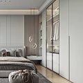 Modern Bedroom Interior Design With Platform Bed Glass Door Wardrobe Decorative Painting And Area Rug