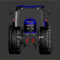 Blue And Black Farm Tractor With Large Wheels Enclosed Cabin And Metallic Body