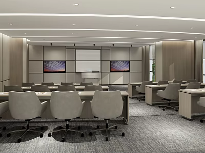 Modern School Classroom Interior With Multimedia Screens And Ergonomic Desks And Chairs 3d model